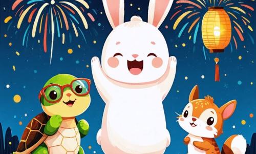 Un adorabile coniglio bianco, Nino, salta di gioia mentre guarda i fuochi d'artificio nel cielo notturno. Accanto a lui, la tartaruga Teresa sorride tenendo una lanterna di carta colorata. Il vivace scoiattolo Leo danza con entusiasmo. La scena si svolge in una piazza festosa, circondata da alberi decorati e una ruota panoramica. Gli animali ballano e cantano, celebrando il Capodanno con colori vivaci e suoni festivi, mentre i fuochi d'artificio simboleggiano l'inizio di un nuovo anno.