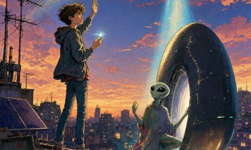 Ragazzo di 12 anni, Tommaso, volto sottile, capelli castani spettinati, espressione malinconica ma fiera, in piedi sul bordo del tetto con una piccola tessera trasparente contenente un punto di luce e la mano alzata in saluto; extraterrestre Nilo, figura snella e agile, pelle verde pallido-grigio perlacea, grandi occhi neri lucenti, con un cappotto che muta leggermente colore, inginocchiato vicino a una capsula ovale scura mentre vi entra e guarda Tommaso; capsula spaziale ovale dalla superficie liscia e scura con una sottile crepa riparata, che si solleva emettendo un raggio azzurro e dorato che disegna nell'aria un piccolo simbolo a stella con scia; tetto urbano al crepuscolo con lastra di cemento tiepida, antenne TV storte, vecchio pannello solare impolverato, cassone metallico aperto e attrezzi sparsi, sagome di palazzi e luci nelle finestre sullo sfondo; scena principale: al tramonto, momento tenero e silenzioso in cui Tommaso saluta per l'ultima volta Nilo mentre la capsula si solleva in un alone luminoso, atmosfera dolce di leggera nostalgia, colori caldi del crepuscolo mescolati al freddo bagliore del fascio spaziale.