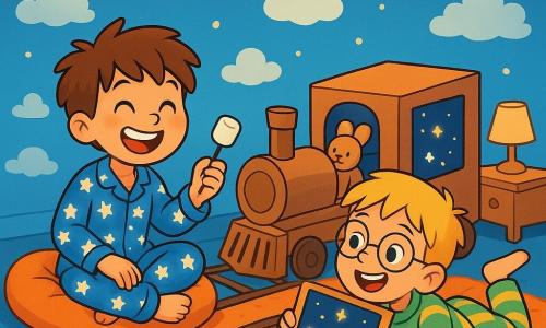Ci sono 2 personaggi principali: Tommaso, un ragazzo di 9 anni con i capelli castani disordinati, che indossa un pigiama blu con stelle bianche, seduto su un cuscino morbido con un grande sorriso e un marshmallow in mano; e Leo, un ragazzo di 9 anni con capelli biondi e occhiali rotondi, vestito con un pigiama a righe verdi e gialle, sdraiato sul tappeto mentre guarda le stelle immaginarie attraverso una finestra di cartone, con gli occhi pieni di eccitazione. La scena si svolge in una cameretta trasformata in una stazione ferroviaria magica, con muri blu cielo decorati da nuvole di cotone e un grande tappeto che rappresenta una ferrovia, circondato da peluche disposti come passeggeri. L'atmosfera è calda e incantata grazie a luci decorative che brillano dal soffitto. La situazione principale mostra Tommaso e Leo che salgono sul loro 
