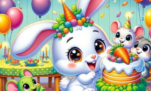 Tobia, un coniglietto dalle grandi orecchie e dal pelo bianco splendente, salta di gioia con un ampio sorriso, gli occhi pieni di eccitazione. È circondato da palloncini colorati e tiene in mano una fetta di torta di carote. Accanto a lui, Gino il topolino, con il suo pelo grigio e gli occhi vivaci, ride mentre cerca di arrampicarsi su una sedia per prendere una fetta di torta. Lalla la tartaruga, con il suo guscio verde e i grandi occhi dolci, applaude lentamente, sorridendo, seduta per terra vicino a Tobia. La scena si svolge nella casa di Tobia, decorata con ghirlande di foglie verdi e palloncini multicolori, con un grande tavolo coperto da una tovaglia a pois, su cui troneggia una magnifica torta di carote al centro, circondata da coriandoli scintillanti. In questa illustrazione, Tobia e i suoi amici celebrano felici il suo compleanno, pieni di risate e sorprese, mentre luci colorate illuminano la stanza, creando un'atmosfera festosa e magica.