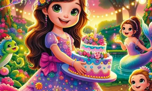 Una niña de 10 años, llamada Sofía, con largos cabellos castaños y ojos brillantes de alegría, se encuentra en el centro del jardín, sonriendo. Lleva un vestido colorido adornado con flores y sostiene un gran pastel decorado con flores multicolores, rodeada de sus amigos. A su derecha, Lila, una mariposa de alas vibrantes, vuela alegremente alrededor de Sofía. A su izquierda, Martín, un pequeño dragón con escamas brillantes, sopla suavemente humo de colores sobre el pastel. El jardín es un lugar encantador, lleno de flores brillantes y luces centelleantes, con un cielo crepuscular rosa y naranja. Sirenas cantan cerca de un pequeño estanque, añadiendo una melodía suave a la atmósfera festiva. La escena principal muestra a Sofía, rodeada de sus amigos, celebrando una fiesta sorpresa para su mamá, creando una atmósfera mágica y cálida.