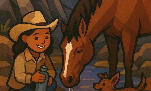 Lila, een volwassen meisje met een rond, glimlachend gezicht en heldere ogen, draagt een beige cowgirlhoed en een stoffige canvasjas en knielt terwijl ze een veldfles vult met helder water; Kleurvlek, een fors bruin paard met een grote witte bles, drinkt naast haar; Vlam, een klein mannelijk hondje met modderige vacht en opgerichte oren, springt in een plas en spat glinsterende druppels; de plek is een kleine verborgen bron in een kloof van grijze en roodbruine stenen met groene mossen en fonkelende poelen die de paarse schemerlucht weerspiegelen, tussen de stenen groeien gouden droge grassprieten en een klein groen plantje, en de scène toont de vreugdevolle ontdekking van water onder zacht licht.
