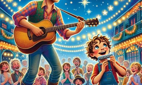 A man named Oliver, with slightly curly brown hair and sparkling joyful eyes, stands on a wooden stage in a lively square. He wears a colorful checkered shirt and worn jeans, passionately holding a guitar, his face radiating emotion as he sings enthusiastically. Beside him, an eleven-year-old boy named Jamie, with messy hair and a bright smile, plays the harmonica, his eyes shining with excitement. They are surrounded by spectators, families and children, who applaud and smile, creating a festive atmosphere. The scene takes place in a charming market square, adorned with string lights and colorful stalls, under a starry sky, where the air is filled with music and joy. Oliver and Jamie, united by their love of music, share a magical moment, celebrating the power of melodies that bring hearts together.
