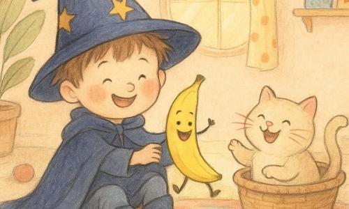 A small apprentice boy wizard with a round face, rosy cheeks and tousled light-brown hair wears an oversized starry hat, navy cape and big blue boots, sitting on a colorful rug smiling as a playing card in his hands has turned into a bright yellow dancing banana with little eyes and a laughing mouth; a plump cream-colored female cat with a corkscrew tail and glowing pink whiskers laughs and bats from a laundry basket beside the rug; the cozy pastel living room has a large green plant, a round window with a polka-dot curtain letting in a golden sunbeam, scattered toys and a wooden shelf with shiny cards, creating a warm, playful, enchanted scene.