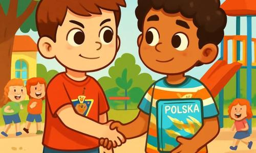 Ośmioletni chłopiec o imieniu Mateusz ma brązowe włosy i błyszczące oczy pełne ciekawości. Nosi czerwoną koszulkę z motywem superbohatera i niebieskie szorty. Jego twarz wyraża determinację i życzliwość, gdy wyciąga rękę do nowego przyjaciela. Obok niego Amir, również ośmioletni chłopiec pochodzenia arabskiego, ma czarne, kręcone włosy i lekko opaloną skórę. Nosi kolorową koszulę w paski i beżowe spodnie. Amir nieśmiało się uśmiecha, patrząc na Mateusza z wdzięcznością, trzymając w ręku ilustrowaną książkę o swoim kraju. Scena rozgrywa się na słonecznym podwórku szkolnym, otoczonym dużymi zielonymi drzewami i kolorowymi zabawkami. W tle bawią się dzieci, co dodaje radosnej atmosfery. Główna sytuacja pokazuje Mateusza broniącego Amira przed innymi dziećmi, które się z niego śmieją. Mateusz, z dumnym wyrazem twarzy, wyjaśnia swoim rówieśnikom znaczenie przyjaźni i szacunku, podczas gdy Amir, poruszony tym gestem, czuje się w końcu akceptowany.