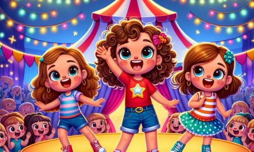 En primer plano, tres chicas, Ana (8 años, cabello castaño y rizado, con una camiseta roja y un short de mezclilla), Valeria (9 años, cabello rubio y liso, vestida con un vestido de lunares) y Sofía (7 años, cabello castaño recogido en dos coletas, vestida con una camiseta a rayas), están bailando alegremente en un escenario colorido, rodeadas de luces brillantes. Ana está en el centro, levantando los brazos, mientras Valeria hace una pirueta a su derecha y Sofía, a la izquierda, hace una mueca divertida. En el fondo, el escenario del circo está decorado con grandes pancartas multicolores y globos flotantes, con una enorme carpa a rayas roja y blanca que se alza majestuosamente. Los espectadores maravillados aplauden, y las estrellas brillan en el cielo nocturno, añadiendo un toque mágico a la atmósfera. La situación principal muestra a las tres chicas realizando un número cómico para hacer reír a los leones, con gestos divertidos y expresiones alegres, mientras los leones curiosos las observan con ojos brillantes de travesura.