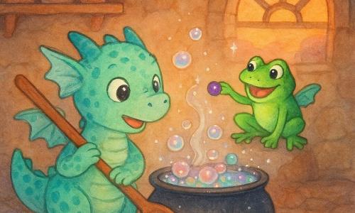 A cat-sized dragon named Pufflet with mint-green scales and turquoise spots, tiny wings frantically beating, looks awestruck and focused while holding a large wooden spoon over a bubbling cauldron; a gleaming emerald-skinned toad called Froop perches on the rim laughing and pointing to a shiny purple berry he just dropped; the black cast-iron cauldron overflows with iridescent colorful bubbles that glitter like glass marbles, some bursting into tiny white stars; the scene is in a cozy cave with warm stone walls, plush rugs, shelves of labeled jars and a small round window showing an orange sunset; overall a sparkling, pastel-vivid, soft-warm-lit, whimsical humorous tone with white highlights on bubbles and eyes.