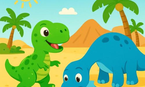 Un Tyrannosaurus Rex alegre, con escamas verdes brillantes y ojos chispeantes de curiosidad, se encuentra en la playa, moviendo sus pequeñas patas traseras sobre la arena dorada. A su lado, un gran diplodocus azul, con un cuello largo y gracioso, se inclina para beber agua de un charco, mirando a Tino con una sonrisa amistosa. La escena tiene lugar en una playa prehistórica, con palmeras exuberantes y montañas de fondo, bajo un cielo azul brillante. Tino, el Tyrannosaurus, se acerca al diplodocus, curioso y emocionado, listo para hacer un nuevo amigo.