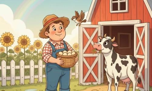 A smiling ~40-year-old farmer with a round face, rosy cheeks, blue denim overalls, a red-and-white plaid shirt, a crumpled straw hat and muddy boots holds a wicker basket of warm eggs and gently watches a small sparrow; to the right near the barn entrance stands Daisy, a tall black-and-white cow with soft eyes chewing hay and tilting her head toward the farmer; the sparrow is flying toward the light above the basket just left of the open red wooden barn doors; dawn farmyard with a freshly painted white fence, very tall yellow sunflowers, wet green grass with bright puddles and a pale rainbow, warm peaceful atmosphere, saturated colors, soft strokes and simple textures.