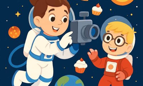 Eine Astronautin mit braunen Haaren im Dutt, lächelnd und voller Freude, schwebt schwerelos in ihrem eleganten weißen und blauen Raumanzug. Sie richtet eine große Raumkamera ein, ihre Augen leuchten vor Aufregung. In der Nähe beobachtet ein etwa 10-jähriger Junge, ihr Kollege mit blonden Haaren und runden Brillen, sie mit einem breiten Lächeln und hält ein kleines schwebendes Dessert in der Hand. Er trägt einen ähnlichen Raumanzug, jedoch in Rot, und steht direkt neben Anna, bereit ihr zu helfen. Die Szene spielt im weiten interstellarischen Raum, gefüllt mit funkelnden Sternen und bunten Planeten, während die Erde im Hintergrund als schöne blaue und grüne Kugel erscheint, vom Sonnenlicht beleuchtet. Anna arbeitet an der Kamera, umgeben von schwebenden Desserts, während ihr Freund sie fröhlich anfeuert. Die beiden Figuren teilen einen Moment der Kameradschaft und des Staunens über die Schönheit des Kosmos.