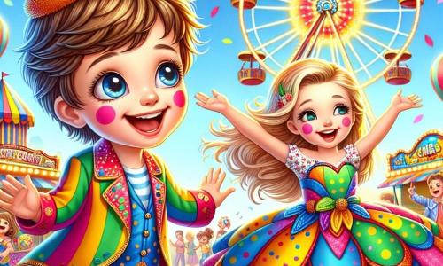 Un băiețel de 4 ani, Andrei, cu părul castaniu zbârlit și ochi mari strălucitori de bucurie, poartă un costum colorat de clown cu buline multicolore. Zâmbește larg, ridicând brațele în aer, uimit de carnaval. Lângă el, o fetiță de 5 ani, îmbrăcată într-o rochie de flutur cu aripi strălucitoare, dansează vesel, cu părul blond fluturând în vânt. În fundal, o roată mare colorată se învârte încet, înconjurată de standuri de jocuri și baloane plutind într-un cer albastru strălucitor. Scena emană o atmosferă festivă, plină de râsete și muzică, în timp ce Andrei și fetița se distrează în mijlocul mulțimii vesele, căutându-și părinții.