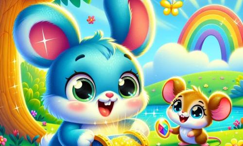 A small blue rabbit, Benny, with big soft ears and sparkling curious eyes, stands in front of a rainbow-leaved tree, his face glowing with excitement and determination. Next to him is Mia the Mouse, a tiny character with brown fur and bright eyes, happily smiling while holding a small treasure map. The setting is a sunny meadow dotted with colorful flowers and fluttering butterflies, with a bright blue sky in the background. Benny and Mia are discovering a sparkling treasure chest surrounded by glittering gemstones, as rays of sunlight illuminate the magical scene.