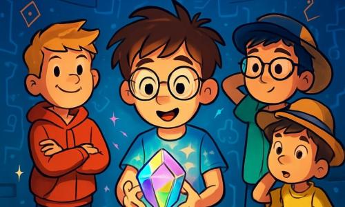 Es gibt 4 Kinder: - Leo: Ein 9-jähriger Junge mit zerzausten braunen Haaren und runden Brillen. Er trägt ein blaues T-Shirt mit einem Sternenmuster und eine beige Shorts. Er steht in der Mitte und hält einen glänzenden Chrono-Kristall in den Händen, die Augen vor Staunen weit geöffnet. - Max: Ein 9-jähriger Junge mit blonden Haaren und Sommersprossen. Er trägt einen roten Kapuzenpullover und schwarze Hosen. Er steht links von Leo, mit verschränkten Armen und einem breiten Lächeln, bereit für das Abenteuer. - Finn: Ein 9-jähriger Junge mit schwarzen Haaren und quadratischen Brillen. Er trägt ein grünes Hemd und eine Jeans. Er steht rechts von Leo, mit den Armen hinter dem Kopf und einem neugierigen Ausdruck. - Ben: Ein 9-jähriger Junge mit kastanienbraunen Haaren und einem Strohhut. Er trägt ein gelbes T-Shirt und gestreifte Shorts. Er steht etwas weiter hinten und beobachtet den Kristall mit einem faszinierten Blick. Der Ort ist der Raum der magischen Technologie der Station Auroria, ein weiträumiger und futuristischer Raum. Die Wände sind mit leuchtenden Runen und schwebenden Schaltkreisen geschmückt, während sanftes blaues Licht von einer großen Glaskuppel an der Decke ausgeht, die den Sternenhimmel enthüllt. In der Mitte steht ein silberner Metallständer, der den Chrono-Kristall trägt, der intensiv leuchtet und farbige Reflexionen an die Wände wirft. Die Hauptsituation zeigt die Kinder, die den Chrono-Kristall entdecken, ein magisches und funkelndes Objekt. Leo, fasziniert, ist kurz davor, den Kristall zu berühren, während seine Freunde ihn mit Aufregung und Neugier beobachten. Die Atmosphäre ist voller Geheimnis und Abenteuer, mit tanzenden Lichtblitzen um sie herum.