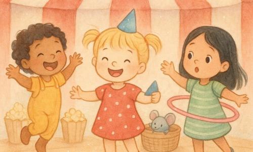Drie meisjes van 2 jaar: in het midden een blond meisje met korte staartjes in een rood jurkje met witte stippen, lachend en een klein blauw puntmutsje in haar rechterhand; links een krullend bruin meisje in een gele tuinbroek, op haar tenen springend en klappend; rechts een zwart haar meisje in een groene gestreepte jurk, een roze hoepel rond haar middel draaiend met een verbaasde blik. Ze staan op een ronde circusvloer van licht hout in het midden van een rood-wit gestreepte tent; er staan popcornbakken en een groot rieten mandje achter hen en er hangen warme lichtslingers. Ze geven een vrolijk optreden, lachen en spelen; een grijs muisje knipoogt vanuit de mand en een blauw ballonnetje valt in een glanzend waterbakje; zachte verlichting, witte glinsteringen, pastelpalet.