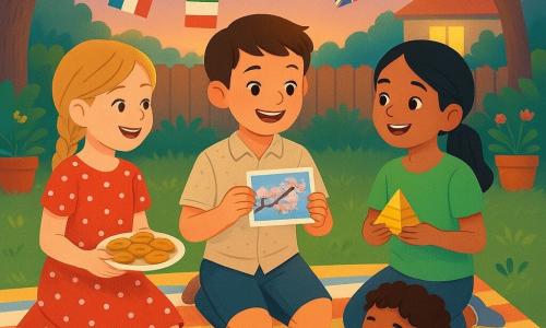 Er zijn vier kinderen van 8 jaar: Sam, jongen met kort bruin haar, zit in het midden op een gestreepte picknickdeken en toont een foto van bloeiende kersenbomen; Julia, meisje met blonde gevlochten haren in een rode jurk met stippen, staat links van Sam en houdt een bordje met kleine Italiaanse koekjes; Noor, meisje met opgestoken zwart haar en groen T‑shirt, staat rechts van Sam en laat een kleine gouden piramide zien; Timo, jongen met krullend haar en felblauw T‑shirt, zit vooraan en tikt lachend op een kleurrijk trommeltje. Ze zitten in een huiselijke tuin bij schemerlicht, met vlaggetjes tussen bomen, gele lichtjes, bloempotten, een houten schutting en een huis op de achtergrond; ze vormen een kring, delen gerechten en voorwerpen uit verschillende landen, tonen elkaar spullen en hebben vrolijke, uitwisselende gebaren en een warme, kleurrijke sfeer van delen en ontdekking.