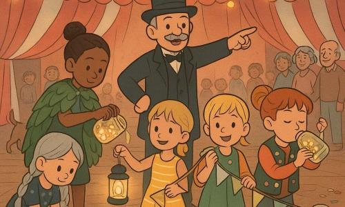 Hay cinco personajes: Luna, niña de 9 años, trenzas plateadas largas, falda con lunares plateados, dibuja estrellas con tiza luminosa a la izquierda; Sol, niña de 9 años, pelo corto rubio, vestido de rayas amarillas, sostiene banderines reflectantes y una linterna a la derecha; Maia, niña de 9 años, pelo castaño en moño, capa verde de hojas, vierte pequeños frascos luminosos detrás de Luna; Clara, niña de 9 años, pelo pelirrojo en coleta, chaleco con botones de colores, sopla en un frasco con perlas luminosas junto a Sol; Timo, hombre de unos 60 años, bajo, sombrero de copa negro y bigote gris, sonríe, da indicaciones y señala el camino en el centro frente a los niños. Lugar: gran carpa de circo interior roja y blanca, suelo de madera con marcas de tiza, banderines y guirnaldas luminosas, sillas alineadas y confeti. Situación: los niños crean un sendero luminoso hacia la pista con frascos de vidrio brillantes y estrellas de tiza que guían a la gente; espectadores sonrientes siguen el camino, un perro juega junto a un frasco y una pareja mayor se toma de la mano. Ambiente: suave y cálido, colores saturados, fuerte contraste alrededor de los frascos, estilo de cómic infantil, expresiones alegres y movimientos claros.