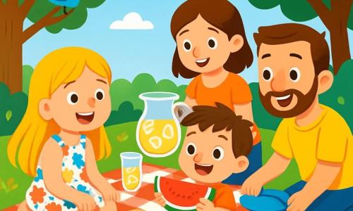 Una niña de 6 años, Lucía, con largos cabellos dorados que brillan como el sol, sonríe alegremente. Lleva un vestido ligero con flores de colores y está sentada sobre una manta de picnic, rodeada de deliciosos sándwiches y frutas frescas. A su lado, su hermanito Tomás, de 3 años, con el cabello castaño despeinado y una gran sonrisa, sostiene una rodaja de sandía jugosa en sus pequeñas manos. Él está sentado frente a Lucía, con los ojos brillantes de felicidad. Su mamá, una mujer sonriente con cabello castaño, prepara bebidas frías en un gran tarro de vidrio, mientras que su papá, un hombre jovial con barba corta, coloca platos sobre la manta. La escena se desarrolla en un jardín verde, lleno de flores coloridas, bajo un cielo azul brillante con algunas nubes blancas. Árboles majestuosos ofrecen sombra, y los pájaros cantan alegremente en las ramas. Lucía y su familia disfrutan de un picnic de verano soleado, riendo y compartiendo historias, creando recuerdos inolvidables juntos.