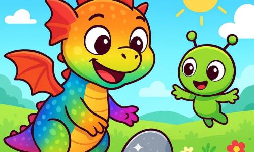 Een kleine draak genaamd Flik, met glanzende schubben in regenboogkleuren, staat in het midden van de afbeelding, met wijd opengesperde ogen van verwondering en een grote glimlach op zijn gezicht. Hij verkent een mysterieuze, fonkelende voorwerp dat hij in het gras heeft gevonden. Naast hem zweeft een kleine groene alien genaamd Zipp, met grote ronde ogen en een brede glimlach, iets boven de grond, met open armen als teken van vriendschap, terwijl hij fascinerende verhalen over zijn planeet deelt. De achtergrond is een groen veld, bezaaid met kleurrijke bloemen die dansen in de lichte bries, met een stralende blauwe lucht en donzige witte wolken. In de verte tekenen zich zachte heuvels af onder een stralende zon. De belangrijkste situatie toont Flik en Zipp die de vriendschapsboodschap op een steen ontdekken, omringd door een vrolijke en magische sfeer, die de verbinding tussen hun werelden symboliseert.