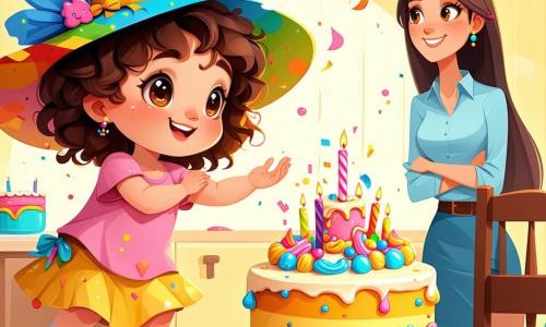 Una bambina di 4 anni, con grandi occhi brillanti e capelli ricci, indossa un bel cappello colorato e ha un sorriso meravigliato sul volto. È accovacciata, pronta a saltare, con una mano tesa verso una torta magica che rimbalza gioiosamente su una sedia. Accanto a lei, sua madre, una donna sorridente di circa 30 anni, con capelli lunghi e lisci, la osserva divertita, con le braccia incrociate, in cucina. La cucina è luminosa, con pareti gialle e mensole piene di barattoli colorati. La scena principale mostra la bambina determinata a prendere la torta che scappa, saltando da un mobile all'altro, creando un'atmosfera piena di gioia e avventura.