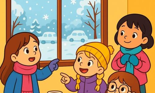 There are four children: Lena, a 6-year-old girl with long brown hair, wearing a pink scarf and a blue coat, standing by the window with wide eyes, admiring the falling snowflakes; Maya, a 6-year-old girl with blonde braided hair, dressed in a purple coat and a yellow hat, next to Lena, laughing and pointing at the snow-covered cars; Sofia, a 6-year-old girl with brown hair and glasses, wearing a red coat and a green scarf, sitting at the table holding a cup of hot chocolate with a sweet smile; and Emma, a 6-year-old girl with short black hair, wearing a pink coat and blue gloves, standing and tugging at her own scarf with a determined and joyful expression. The setting is a cozy kitchen with pastel yellow walls and a large window overlooking a winter landscape, where snowflakes dance in the air, covering trees and cars in a bright white blanket. Inside, a wooden table is adorned with cups of hot chocolate, and colorful mittens are scattered on the floor. The main scene shows the four girls, amazed by the snow, sharing laughter and joyful moments, ready to embark on an adventure to the Winter Discovery Center.
