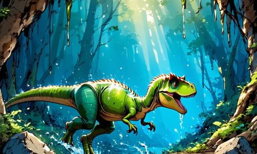 Młody, żywy welociraptor o dużych ciekawskich oczach i radosnym, ulgowym wyrazie pędzi przez lśniącą falę wody ku jaskini, krople wokół pyska; stary, masywny stegozaur z szerokimi płytami stoi przy wejściu, chroniąc i prowadząc go; mały zielony ceratops z krótkimi rogami trzyma jagody wewnątrz przy wyrytych ścianach; rozległa ciemna jaskinia za cienką srebrzystą wodospadą, nacieki i skalne ściany z malowidłami, kamyki i mech; noc burzy — welociraptor szuka schronienia u zgromadzonych dinozaurów, atmosfera uspokajająca mimo deszczu.