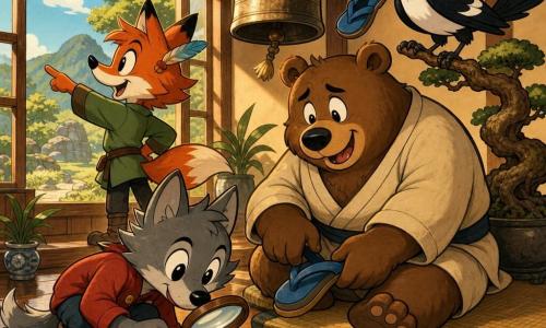 The main character is Lenny, a clever, focused anthropomorphic gray wolf with big shiny eyes, a red jacket and dusty boots, crouching with a wooden magnifying glass to inspect a clue on the floor; Benny is a round, friendly brown bear, a bit worried but relieved, sitting by a wooden tatami while putting on a blue sandal and wearing a simple beige kimono; Maggie is a proud, glossy black-and-white magpie perched on a bonsai branch inside the warm wooden dojo, holding the second sandal in her beak; Emily is a curious red fox standing by the window with a feather behind her ear, pointing her nose outside. The cozy dojo features polished plank floors, thick tatami, large open windows with a sunbeam, a hanging bronze bell and potted plants; warm colors, textured wood grain and simple Japanese patterns. The scene shows Lenny investigating, Maggie returning the sandal, Benny retrieving it and the animals gathered in a circle with friendly expressions and dynamic poses, joyful mystery-solving mood. Graphic style: rubber-hose thick lines and smooth curves, saturated yet soft palette, clear child-friendly composition, soft light, simple shadows and hand-drawn textures.