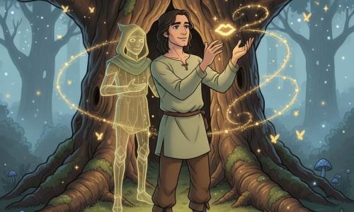 A man named Elian with soft features, deep black eyes and shoulder‑length dark chestnut hair smiles gently, hands raised toward a small floating glow; he wears a pale green linen tunic, brown trousers and worn boots, standing rooted on a mossy carpet beneath a massive ancient oak whose cracked trunk, twisting roots and wide branches form a starry canopy, while a nonhuman hooded guardian with crystalline edges stands a few steps behind, offering the light; golden fireflies dance around him—trails and sparks, one forming a kiss above his hand—as the little light transfers a warm, golden energy that iridesces his face and the moss; luminescent purple flowers, blue mushrooms, silver mist and moonbeams complete the fairy, serene atmosphere.