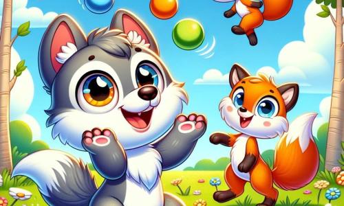 An illustration depicts a small gray wolf with big curious eyes, wearing a wide smile and a playful expression, juggling colorful marshmallows with its paws raised in the air, ready to catch them. Next to it, a mischievous fox with bright orange fur and a bushy tail stands on its hind legs, laughing heartily, its eyes sparkling with mischief. A small brown owl with large round eyes perches on a branch, observing the scene with an amused smile, its wings slightly spread as if ready to take flight. The main setting is a sunny meadow dotted with colorful flowers and surrounded by tall green trees. The sky is bright blue with a few fluffy white clouds, and a gentle breeze makes the grass dance. The main situation shows the little wolf and its friends having fun juggling marshmallows, laughing at their own clumsiness while a light wind carries some treats into the air. Other graphic elements include a colorful picnic with fruits and drinks, a striped picnic blanket, and scattered marshmallows, creating a joyful and playful atmosphere.