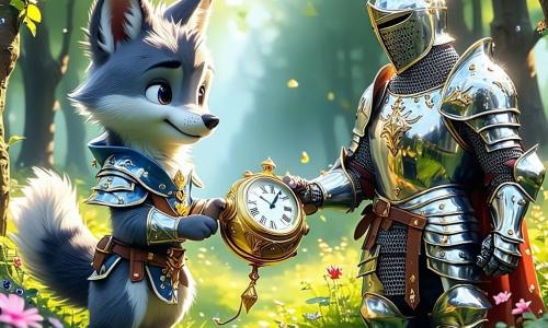 Een kleine wolf genaamd Wout, met een zachte grijze vacht en grote glanzende ogen, kijkt verwonderd naar een oude gouden klok die hij in zijn pootjes houdt. Zijn uitdrukking is vol nieuwsgierigheid en opwinding, terwijl hij in het midden van een zonovergoten open plek staat, omringd door kleurrijke bloemen en grote groene bomen. Naast hem moedigt de ridder Robrecht, in een glanzend harnas met een grote glimlach, hem aan met een vriendelijke gebaar. Hij heeft blond haar en een wapperende rode cape, en staat zelfverzekerd, klaar voor een avontuur. Op de achtergrond is het landschap gevuld met majestueuze kastelen en groene heuvels, onder een blauwe lucht met donzige witte wolken. De scène toont Wout en Robrecht die zich voorbereiden om de magie van de klok te activeren, klaar om door de tijd te reizen, met een aura van opwinding en avontuur die in de lucht hangt.