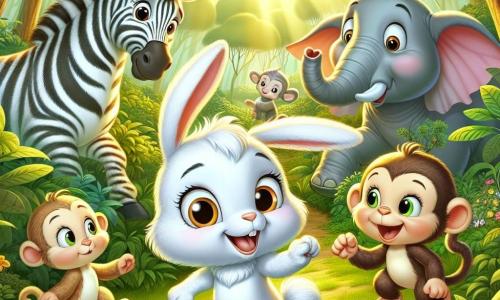 Um coelho chamado Zé, com pelagem suave e branca, grandes orelhas eretas e olhos brilhantes de curiosidade, salta alegremente por uma floresta verdejante, com um grande sorriso no rosto. Ao lado dele, uma zebra listrada, com um ar divertido, faz saltos graciosos, enquanto um pequeno macaco travesso, pendurado em um galho, ri balançando os braços. Ao fundo, uma elefanta de grandes orelhas, com uma expressão alegre, observa a cena, pronta para se juntar a eles. A floresta está repleta de árvores majestosas com folhas brilhantes, flores coloridas e uma suave luz dourada filtrando através dos galhos. Zé e seus amigos estão em busca de um tesouro, procurando atrás das árvores e na grama verde, cheios de emoção e risadas.
