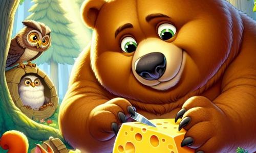 Un gran oso pardo llamado Bruno, con un pelaje suave y ojos brillantes de curiosidad, está esculpiendo una inmensa estatua de queso en su refugio hecho de hojas y ramas. Tiene una sonrisa decidida en su rostro, mostrando su concentración y entusiasmo. Cerca, una pequeña ardilla de ojos vivos y pelaje rojizo observa con admiración, con las patas en las caderas, expresando gran curiosidad y un ligero asombro. Un viejo búho sabio, posado en una rama, mira la escena con aire pensativo, sus grandes gafas deslizándose por su nariz, como si reflexionara sobre la creatividad de Bruno. La escena ocurre en un claro soleado del bosque, rodeado de árboles majestuosos con hojas verdes vibrantes, y con flores coloridas esparcidas por el suelo. Un suave rayo de sol ilumina la escultura de queso, resaltando sus detalles y brillo. Bruno, con determinación, da forma al queso en una escultura de oso, mientras los otros animales lo animan, creando una atmósfera alegre y llena de energía.