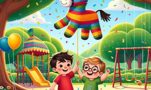 Hay dos personajes principales: Leo, un niño de cuatro años con cabello castaño desordenado y una gran sonrisa, que lleva una camiseta roja y un pantalón corto azul. Está de pie en el centro, sosteniendo un globo amarillo en su mano. A su lado está Tomás, un niño de cuatro años con cabello rubio y gafas redondas, vestido con una camiseta verde y pantalones cortos. Se ríe, con los brazos levantados, listo para atrapar un globo que se eleva. La escena tiene lugar en un parque soleado, lleno de vegetación. Árboles con hojas brillantes rodean un área de juegos colorida, con columpios y un tobogán. En el suelo, hay confeti y caramelos esparcidos, testimonio de una fiesta alegre. Al fondo, un gran burro de piñata colorido cuelga de una rama, listo para ser roto. La situación principal muestra a Leo y Tomás divirtiéndose juntos, rodeados de globos flotantes y risas, mientras se preparan para romper la piñata llena de caramelos para celebrar el cumpleaños de Leo.