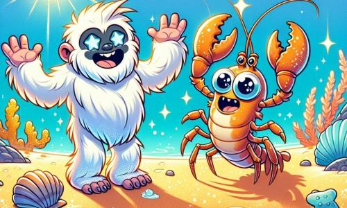 Um yeti chamado Zulu, com pelagem branca brilhante e olhos brilhantes como estrelas, está na praia do Sorriso Perdido. Ele tem um largo sorriso alegre, com os braços abertos, pronto para compartilhar sua boa disposição. Ao seu lado, Crustácio, uma criatura marinha meio peixe, meio lagosta, com antenas coloridas e olhos redondos, se contorce de rir, com suas garras levantadas no ar. A cena acontece em uma praia ensolarada, onde a areia dourada brilha sob os raios do sol e as ondas turquesa dançam alegremente. Algas luminosas cercam a praia, acrescentando um toque mágico ao ambiente. Nesta ilustração, Zulu e Crustácio estão rindo juntos após descobrir uma piada engraçada, cercados por conchas que parecem sorrir e ondas que espirram alegremente na costa.