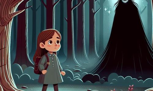 No centro da imagem, uma menina de 12 anos, Clara, se mantém corajosamente no meio de uma floresta escura e misteriosa. Ela tem cabelos longos e castanhos, olhos brilhantes de curiosidade e um rosto determinado, apesar de uma leve nervosidade. Ela usa um vestido simples e botas de caminhada, e observa atentamente uma sombra ameaçadora que se projeta à sua frente. À sua direita, o Guardião dos Medos, uma silhueta imponente envolta em um manto de trevas, se apresenta com uma postura ameaçadora. Seu rosto está oculto, mas seus olhos brilham com uma luz inquietante, parecendo flutuar levemente acima do solo, acrescentando uma aura de mistério. O cenário é uma floresta densa, com árvores de troncos retorcidos e folhas escuras que filtram pouca luz. Névoas leves serpenteiam entre as raízes, criando uma atmosfera mágica e assustadora. A situação principal mostra Clara, pronta para enfrentar o Guardião dos Medos, com seu coração acelerado, enquanto se mantém firme, determinada a não deixar o medo dominá-la. A imagem captura o momento de tensão entre a luz de sua coragem e a escuridão ameaçadora do Guardião.