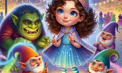 Uma menina de 10 anos, Clara, está no centro do palco, com cabelos cacheados e olhos brilhantes como estrelas, exibindo um sorriso curioso e determinado. Ela usa uma capa mágica cintilante, flutuando levemente ao seu redor, enquanto utiliza seus poderes para criar uma barreira luminosa em forma de arco-íris. À sua direita, um grupo de duendes travessos, cada um medindo cerca de 30 cm, com chapéus coloridos e rostos maliciosos, se ocupa em preparar truques de mágica. Um deles, o líder, tem um chapéu verde vivo e olhos brilhantes, segurando um pequeno bastão de madeira, pronto para lançar uma nova brincadeira. Ao fundo, um troll imponente, com pele verde e traços marcados, observa a cena com um sorriso amigável, mantendo-se um pouco afastado, como se estivesse pronto para se juntar à diversão. O local é uma charmosa praça de Luminosópolis, iluminada por lampiões dançantes, cercada por casas coloridas e flores vibrantes, criando uma atmosfera mágica e alegre. A cena principal mostra Clara e seus novos amigos celebrando a magia e a amizade, enquanto se preparam para realizar uma brincadeira divertida, preenchendo o ar com risos e luz.