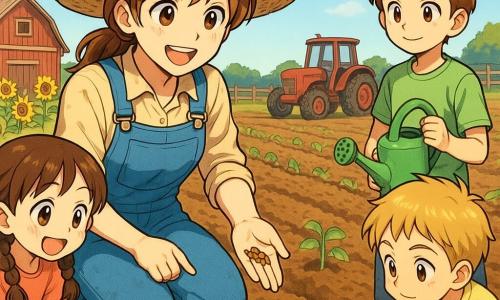 Ana, agricultoare zâmbitoare cu pălărie de paie murdară de pământ, salopetă albastră, în genunchi, ținând semințe de floarea-soarelui în mâna dreaptă și arătând unde să le planteze; lângă ea, o fetiță de 6 ani, entuziasmată, cu părul brun în două cozi, cu mâinile murdare, plantează o sămânță; în față, un băiat de 7 ani, curios, cu păr blond scurt, în genunchi, folosește o lopățică roșie; în spate, un băiat de 9 ani, mândru, cu păr castaniu, ține un stropitor verde pregătit să ude rândurile; în fundal fermă cu tractor roșu ușor ruginit la dreapta, hambar de lemn roșu la stânga, gard de lemn, rânduri proaspăt arate și câteva floarea-soarelui în buton; cer albastru deschis, lumină caldă de dimineață, atmosferă caldă și veselă, plan mediu, culori vii, stil manga cu expresii exagerate dar blânde, compoziție centrată pe gestul plantării și colaborare.