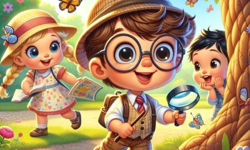 Un niño de 2 años, llamado Tomás, con grandes ojos curiosos y cabello castaño desordenado, lleva un pequeño sombrero de detective y sostiene una lupa en su mano. Sonríe emocionado mientras observa atentamente detrás de un gran árbol. A su lado, Ana, una niña de 3 años con trenzas rubias y un vestido colorido, se inclina para mirar el mismo lugar que Tomás, con una expresión intrigada. Luis, un niño de 4 años con cabello negro y gafas redondas, está un poco más atrás, sosteniendo un pequeño cuaderno y un lápiz, listo para anotar sus descubrimientos. La escena tiene lugar en un parque soleado, lleno de flores coloridas, grandes árboles verdes y mariposas volando. Un camino de grava serpentea por el parque, y a lo lejos se puede ver un columpio y un tobogán. Tomás, Ana y Luis están en plena investigación para descubrir el misterio de un perrito escondido detrás del árbol, listos para vivir una nueva aventura juntos.