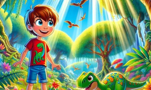 Un niño de 8 años, Lucas, con cabello castaño y ojos llenos de curiosidad, está de pie al borde de un arroyo cristalino, sonriendo maravillado por la belleza de su entorno. Lleva una camiseta roja con motivos de dinosaurios y un short de mezclilla. A su lado, un pequeño dinosaurio de escamas verdes y grandes ojos redondos, que parece amigable y curioso, se inclina para beber agua. Al fondo, un bosque exuberante con árboles gigantes y hojas vibrantes, mientras aves coloridas vuelan en un cielo azul brillante. La luz del sol filtra a través de las ramas, creando patrones brillantes en el suelo. Lucas descubre un mundo prehistórico, maravillado por la presencia del dinosaurio y la magia de su viaje en el tiempo, rodeado de flores gigantes y plantas desconocidas que añaden un toque de misterio y aventura a la ilustración.