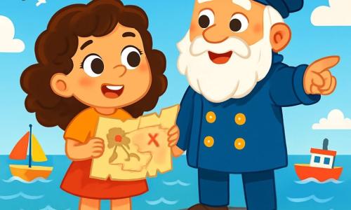 A 6-year-old girl with big curious eyes and curly brown hair joyfully stands on a rock by the sea. She smiles in wonder, holding an old treasure map in her hands. Next to her, an old sailor with a wrinkled face and a long white beard, wearing a blue hat and a jacket with golden buttons, points the way with a kind smile. The sky is bright blue, and the waves sparkle in the sun, creating a magical atmosphere. In the background, colorful boats gently float on the water while seagulls circle above, adding to the cheerful ambiance. The scene captures the moment the little girl discovers the first clue of her adventure towards hidden treasure, filled with excitement and curiosity.
