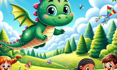 Ein kleiner grüner Drache mit glänzenden Schuppen, großen, neugierigen Augen und einem fröhlichen Lächeln fliegt über eine sonnige Wiese, umgeben von bunten Blumen und tanzenden Schmetterlingen. In der Nähe beschäftigt sich eine Gruppe fröhlicher Kinder, darunter ein kleines Mädchen mit geflochtenen roten Haaren und ein Junge mit einer blauen Kappe, mit dem Bau von Papierdrachen, ihre Gesichter strahlen vor Aufregung und Kreativität. Der Ort ist eine grüne Wiese, die in goldenes Licht getaucht ist, mit majestätischen Bäumen im Hintergrund und einem blauen Himmel, der mit weißen, baumwollartigen Wolken gesprenkelt ist. Die Hauptsituation zeigt den Drachen, der die Kinder ermutigt, gemeinsam draußen zu spielen und ihre Bildschirmleidenschaft in einen Moment des Teilens und Abenteuers in der Natur zu verwandeln.