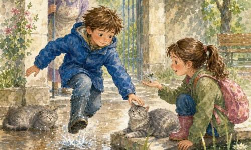 Un ragazzo di circa 10 anni, viso rotondo con lentiggini e capelli castani scompigliati, in cappotto blu e stivali di gomma un po' grandi, salta piano oltre una grande pozzanghera guardando un passerotto; una bambina di circa 9 anni, Giulia, curiosa con capelli castani lunghi legati in coda e zainetto rosa, seduta sul marciapiede vicino a un piccolo stagno, mostra dei girini al ragazzo; la nonna, circa 70 anni, sorridente con capelli grigi raccolti e grembiule a fiori, è in piedi dietro il cancello di pietra osservando con fierezza; un gatto grigio magro dal pelo arruffato è sdraiato ai piedi del pilastro del cancello mentre le mani del ragazzo lo accarezzano; luogo: davanti a un cancello scolastico di pietra chiara, viale bagnato con pozzanghere riflettenti, erba alta e ninfee nello stagno, fiori bianchi e una panchina sullo sfondo; atmosfera: mattina primaverile luminosa, gocce brillanti, leggere schizzi intorno alla pozzanghera, tenerezza e attenzione condivisa.