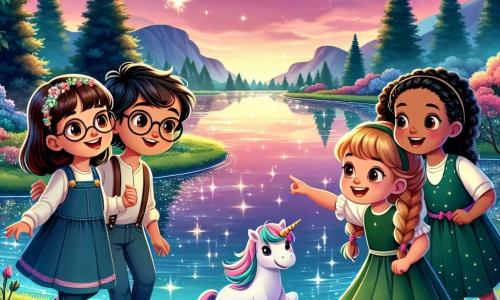 Quattro amiche, Mia, Lila, Nora e Sara, si trovano in riva a un lago scintillante. Mia, una ragazza di 8 anni con capelli castani e occhiali, sorride mentre tiene una mappa magica. Lila, una bambina di 7 anni con capelli biondi e ricci, indica un unicorno vicino a loro. Nora, una ragazza di 9 anni con capelli rossi e un vestito verde, guarda meravigliata il lago. Infine, Sara, una ragazza di 8 anni con capelli neri e trecce, balla gioiosamente sull'erba. Il lago è circondato da fiori colorati e alberi maestosi, con le stelle che brillano sulla superficie dell'acqua, creando uno spettacolo incantevole. Le amiche scoprono la magia del lago dei sogni, dove ogni stella rappresenta un desiderio, e si preparano a esprimere un desiderio insieme, unendo le mani in un momento di amicizia e meraviglia.
