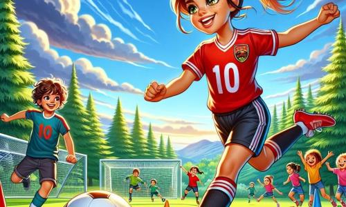 Marina, una mujer atlética con cabello castaño en una coleta, lleva una camiseta de fútbol roja y un pantalón corto negro. Sonríe ampliamente, con los ojos brillantes de emoción, y se prepara para chutar a portería en un campo de fútbol. A su lado, Miguel, un niño de 10 años con cabello rizado y una pequeña pecas en la nariz, lleva una camiseta con el número 10. La anima levantando los brazos, lleno de admiración. El lugar es un parque verde, con maj árboles al fondo y un cielo azul brillante. El campo está delimitado por conos de colores vivos, y niños juegan alegremente alrededor, riendo y corriendo. La situación principal muestra a Marina en plena acción, lista para marcar un gol decisivo, mientras los niños la observan con entusiasmo, compartiendo la pasión por el fútbol y el espíritu de equipo.