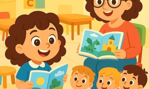 Una bambina di 4 anni, Sofia, con capelli ricci castani e occhi pieni di curiosità, sorride gioiosamente mentre tiene un libro illustrato in mano. Indossa un'uniforme scolastica blu con una gonna rossa, e il suo viso esprime eccitazione e meraviglia. Accanto a lei, la Signora Anna, una donna di circa 30 anni con capelli ricci e occhiali rotondi, sorride calorosamente. Sta leggendo ad alta voce, seduta su una sedia colorata, circondata da bambini attenti. La scena si svolge in un'aula luminosa, con muri dipinti di giallo e manifesti colorati appesi, che rappresentano lettere e numeri. I tavoli di legno sono disposti in cerchio, e ci sono giocattoli sparsi sul pavimento. Sofia ascolta attentamente la Signora Anna raccontare una storia magica, i suoi occhi brillano di immaginazione, mentre gli altri bambini, seduti intorno a lei, sono catturati dall'avventura che prende vita nella stanza.