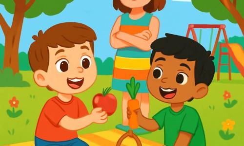 Hay 3 personajes: Tomás, un niño de 5 años con cabello castaño y ojos brillantes, que lleva una camiseta roja y un pantalón corto azul, sentado en una manta de picnic, sonriendo y sosteniendo una manzana; Diego, un niño de 5 años con cabello negro y piel ligeramente bronceada, que lleva una camiseta verde y pantalones beige, sentado al lado de Tomás, sonriendo y sosteniendo una zanahoria; y la maestra Marta, una mujer de unos 30 años con cabello castaño y piel clara, que lleva un vestido colorido y está de pie detrás de los niños, mirándolos con benevolencia, con los brazos cruzados. La escena tiene lugar en un parque soleado, lleno de árboles verdes y flores coloridas, con una manta de picnic sobre la suave hierba y risas de niños alrededor. Tomás y Diego comparten sus meriendas saludables durante un picnic, intercambiando una manzana y una zanahoria, rodeados de compañeros que observan con curiosidad, celebrando su amistad y diferencias a través de este intercambio de comida colorida y saludable.