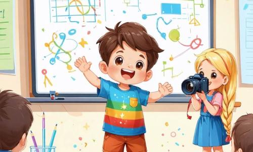 Un niño de 9 años, Lucas, con cabello castaño claro y ojos brillantes, se encuentra en el centro de la imagen, sonriendo con entusiasmo mientras presenta su proyecto de ciencias frente a su clase. Lleva una camiseta colorida y un short, y sus manos están levantadas, mostrando su pasión por el tema. A su derecha, Sara, una niña de 9 años con trenzas rubias y una cámara al cuello, lo anima con una gran sonrisa, lista para capturar este momento especial. A su izquierda, Diego, un niño de 9 años con cabello rizado y piel bronceada, aplaude con entusiasmo, mostrando su apoyo a su amigo. El escenario es un aula luminosa y acogedora, con paredes decoradas con dibujos de niños y un gran pizarrón al fondo. La situación principal muestra a Lucas, lleno de orgullo y emoción, compartiendo su proyecto sobre el ciclo del agua, mientras sus compañeros lo escuchan atentamente, creando una atmósfera de camaradería y aprendizaje alegre.