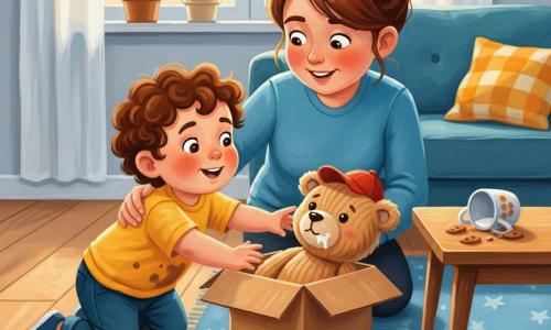 Un niño de 2 años, Nico, sonriente y curioso, gateando, cabello castaño rizado y mejillas redondas, con una camiseta amarilla manchada de galletas, alcanza una pequeña caja de cartón abierta; su madre, unos 30 años, pelo castaño recogido en moño, arrodillada a su lado con la mano sobre su hombro derecho y mirada benevolente hacia la caja; un osito de peluche beige acanalado asoma medio dentro de la caja con una pequeña mancha de leche en el hocico y una gorrita roja; sala luminosa con suelo de madera clara, alfombra azul con estrellas, mesa baja de madera con una taza volcada y migas, luz cálida de mañana entra por una ventana con cortina blanca y plantas en el alféizar; ambiente de investigación tierno y alegre con huellas pequeñas dibujadas en la alfombra que marcan la pista y expresión de asombro en Nico; estilo pintura acrílica, texturas visibles, colores vivos y contrastados, trazos suaves y contornos ligeramente redondeados.