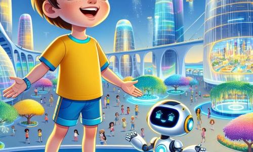 Um menino de 6 anos, chamado Léo, com cabelo castanho bagunçado e olhos brilhantes de curiosidade, está em pé em uma plataforma flutuante. Ele veste uma camiseta amarela vibrante e um short azul, e seu rosto expressa imensa alegria e admiração enquanto olha ao redor. Ao seu lado está Robi, um robô amigável em forma humanoide, com um corpo prateado e luzes coloridas piscando em seu peito. Robi, que parece um adulto, sorri enquanto mostra uma tela holográfica que projeta um mapa da cidade.

O local é Lumínia, uma cidade futurista deslumbrante, onde os edifícios de vidro colorido brilham sob um céu azul claro. Carros voadores deslizam suavemente pelo ar, e jardins suspensos com flores vibrantes acrescentam um toque de magia ao ambiente. Crianças brincam com drones luminosos nas ruas, criando uma atmosfera alegre e dinâmica.

A cena principal mostra Léo e Robi na plataforma, prontos para decolar em novas aventuras, com Léo olhando para o céu com admiração e Robi apontando para o mapa holográfico, explicando seu próximo destino.