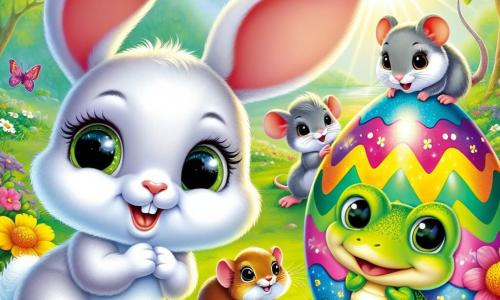 Ein kleiner Hase namens Max mit weichem, weißem Fell, großen Ohren und neugierigen, funkelnden Augen steht vor einem großen, bunten Osterei, das in der Sonne glänzt. Max lächelt fröhlich, seine Vorderpfoten auf dem Ei, bereit es zu öffnen. Neben ihm schaut eine kleine Maus namens Mia mit grauem Fell und runden Augen fasziniert auf das Ei, ihre kleinen Pfoten erhoben vor Aufregung. Ein frecher Frosch namens Felix mit glänzender grüner Haut und gelben Flecken hüpft fröhlich im Hintergrund mit einem breiten Lächeln. Schließlich steht eine bunte Schildkröte namens Tina mit einem lebhaft gemusterten Panzer neben Max und beobachtet die Szene neugierig. Die Kulisse ist ein wunderschöner Frühlingswald, gefüllt mit leuchtenden Blumen und Sonnenstrahlen, die durch die Blätter der Bäume filtern. Schmetterlinge tanzen in der Luft und verleihen der Umgebung einen Hauch von Magie. Die Hauptsituation zeigt Max und seine Freunde, die das geheimnisvolle Ei entdecken, umgeben von der Schönheit des Frühlings, bereit, gemeinsam ein aufregendes Abenteuer zu erleben.
