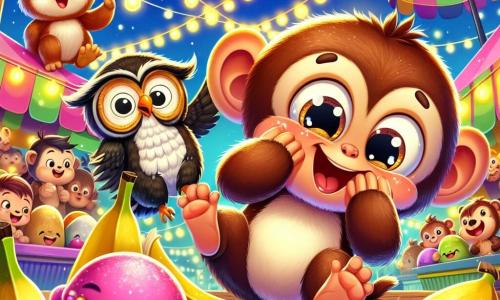 A mischievous little monkey named Max, with brown fur and sparkling eyes, is sliding on a banana peel, laughing heartily with a big smile on his face. Next to him, a wise owl named Lulu, with big round eyes and white and brown feathers, watches the scene, nodding while perched on a tree branch. A clumsy bear named Benny, with black fur and chubby paws, stands back, laughing while trying not to fall into the ice cream mess around them. The scene takes place in a lively night market, lit by twinkling lights, with colorful stalls selling delicious treats. People and animals gather around a large table filled with bright bananas and ice cream bowls, creating a joyful and festive atmosphere. Max, in action, causes a burst of laughter by knocking over a huge ice cream bowl, while colorful splashes fly through the air, adding a touch of magic to this fun adventure.